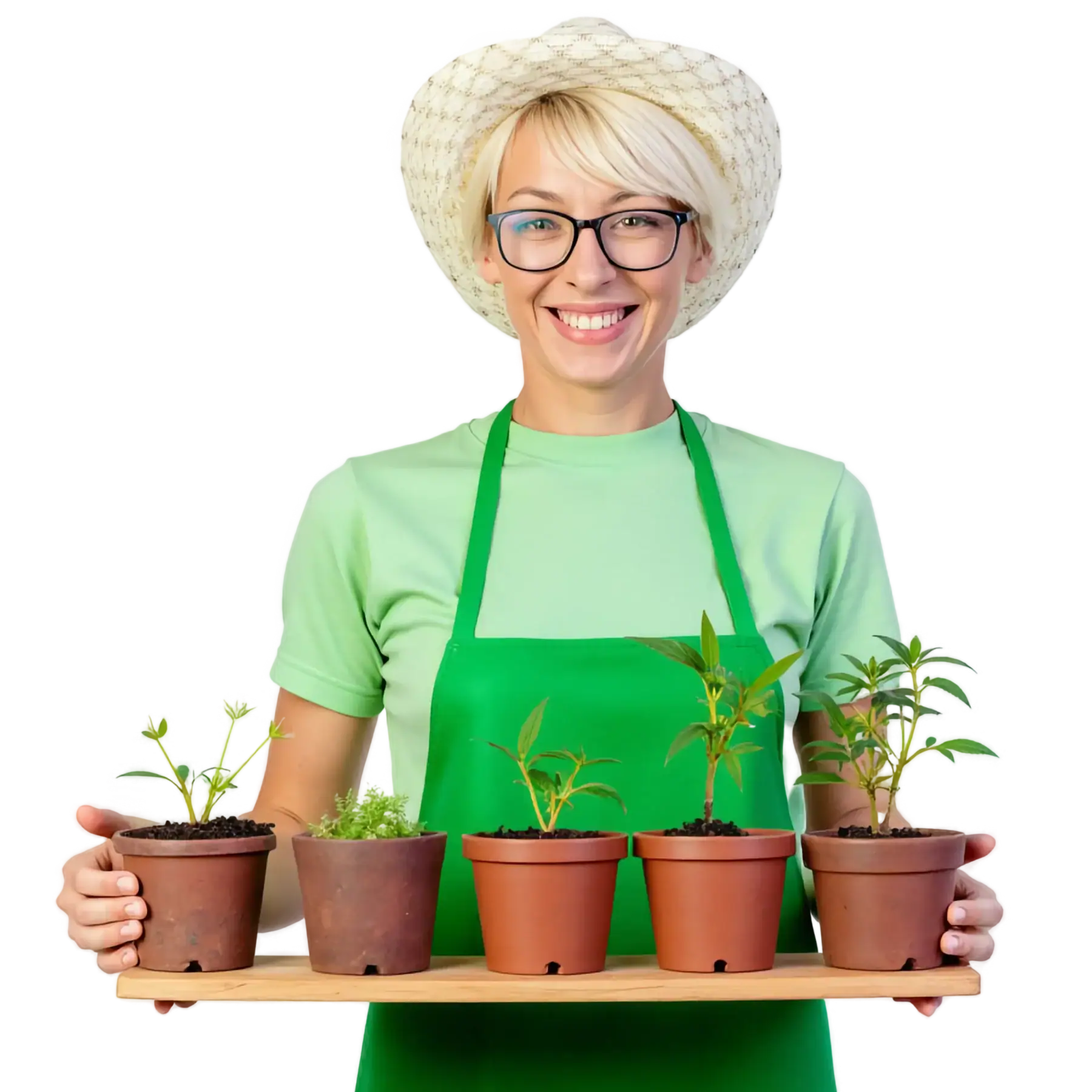 Smiling gardener holding potted plants on a tray.